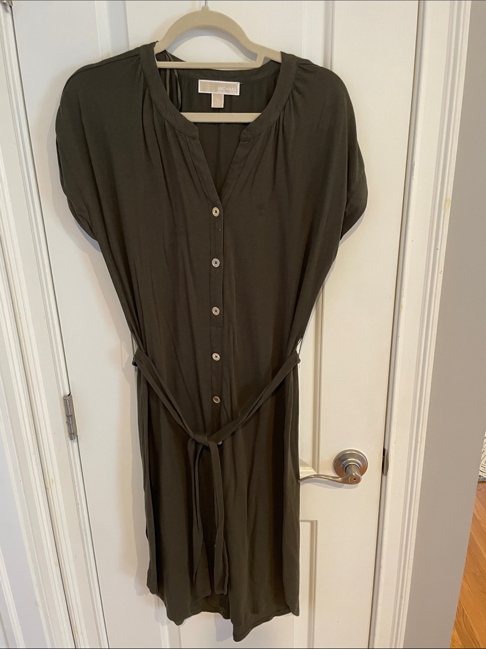 Michael Kors Olive Button-Front Tie-Waist Midi Dress